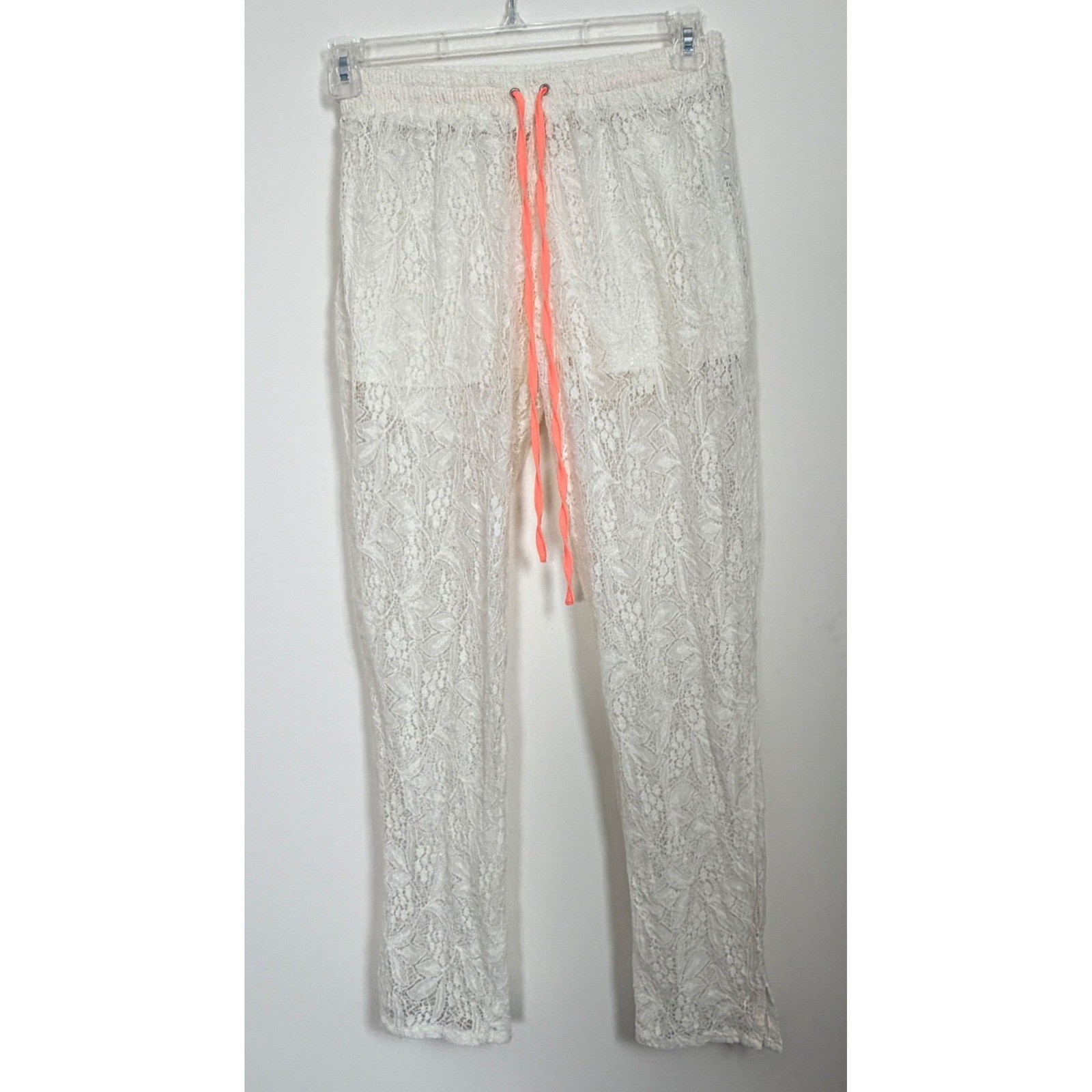 Ivory Lace Beach Cover Up Pants Women Small Sheer Boho Resort Drawstring
