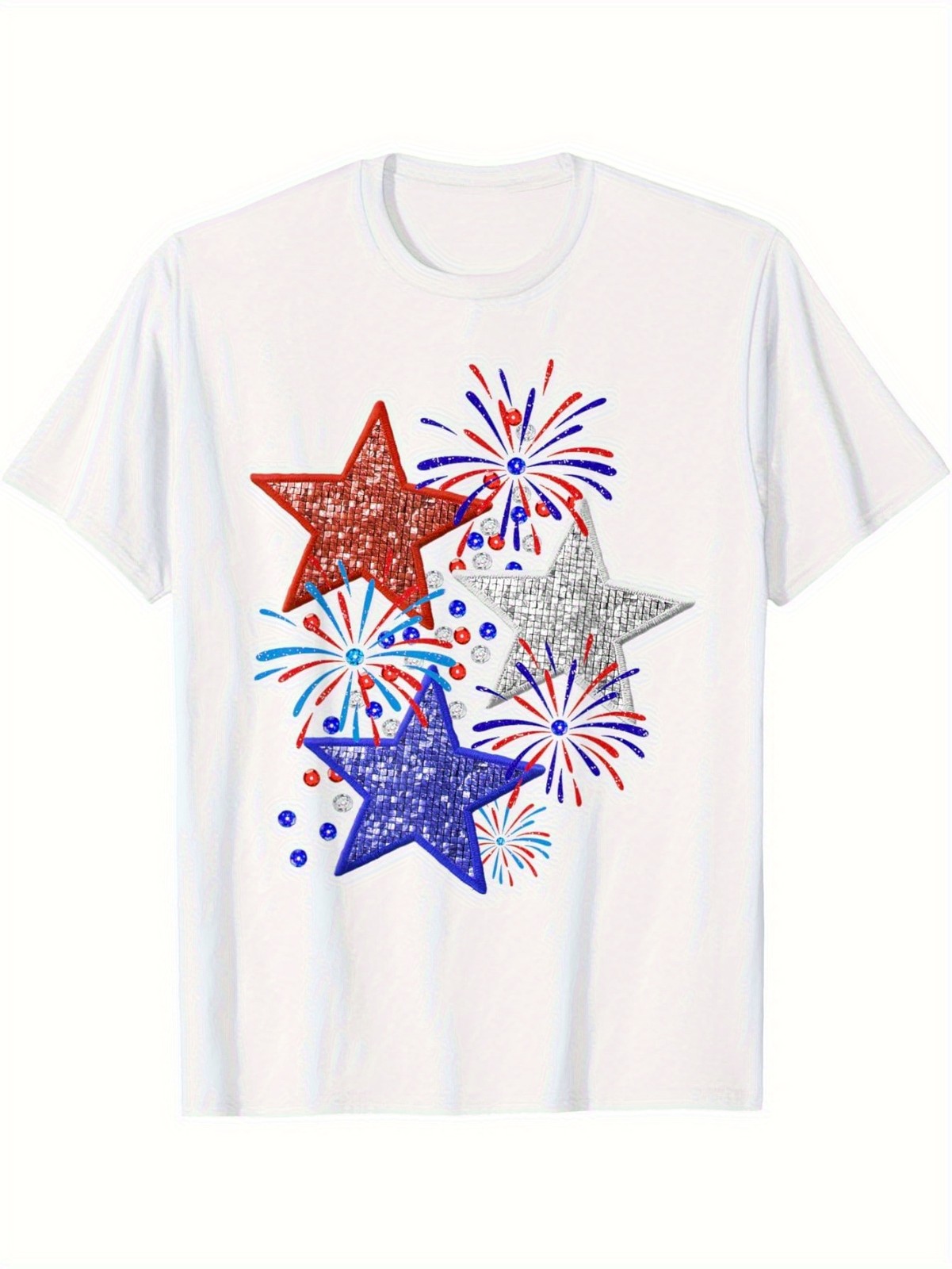 Women Patriotic T-Shirt Stars American Fireworks Design Casual Tops Pullover √