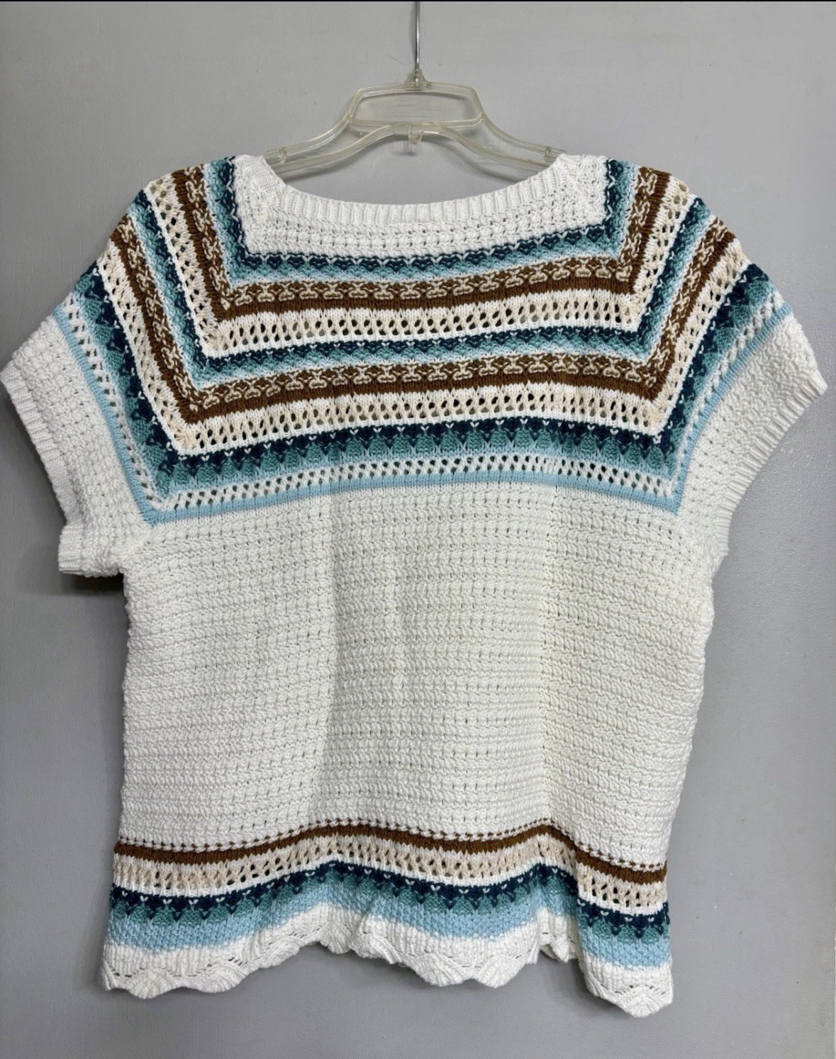 a.n.a White/Blue/Brown Striped Crochet Open-Knit Pullover Sweater Womens XL