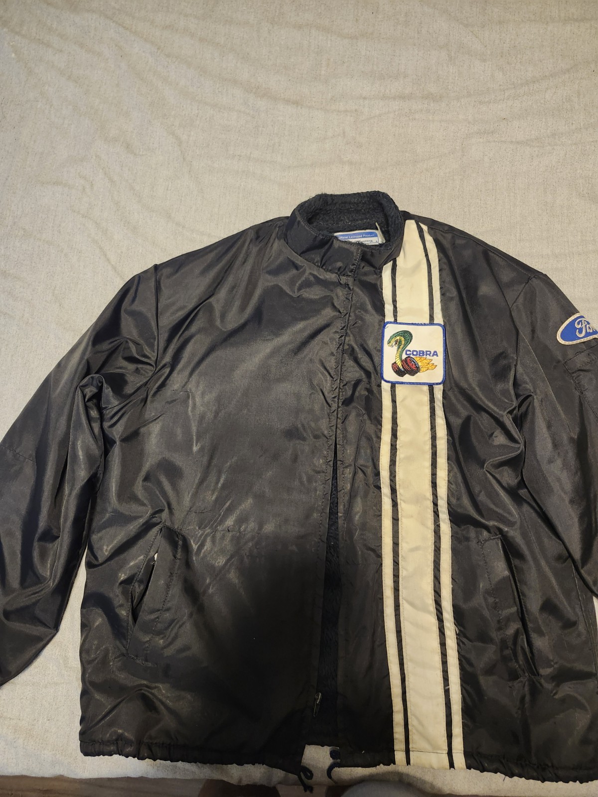 Ford Racing Jacket Black/White Stripe Embroidered Logo Lined Zip Men’s XL