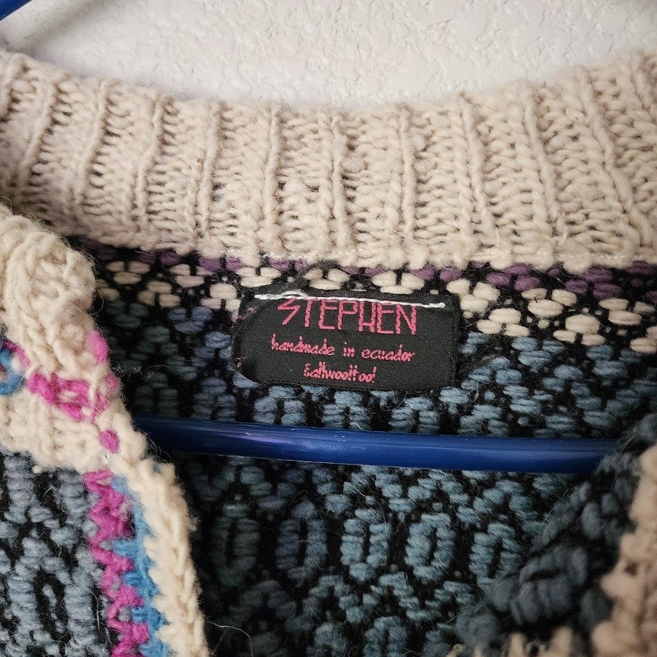STEPHEN Handmade in Ecuador 80s Wool Cardigan Sweater Geometric Stripe Pattern