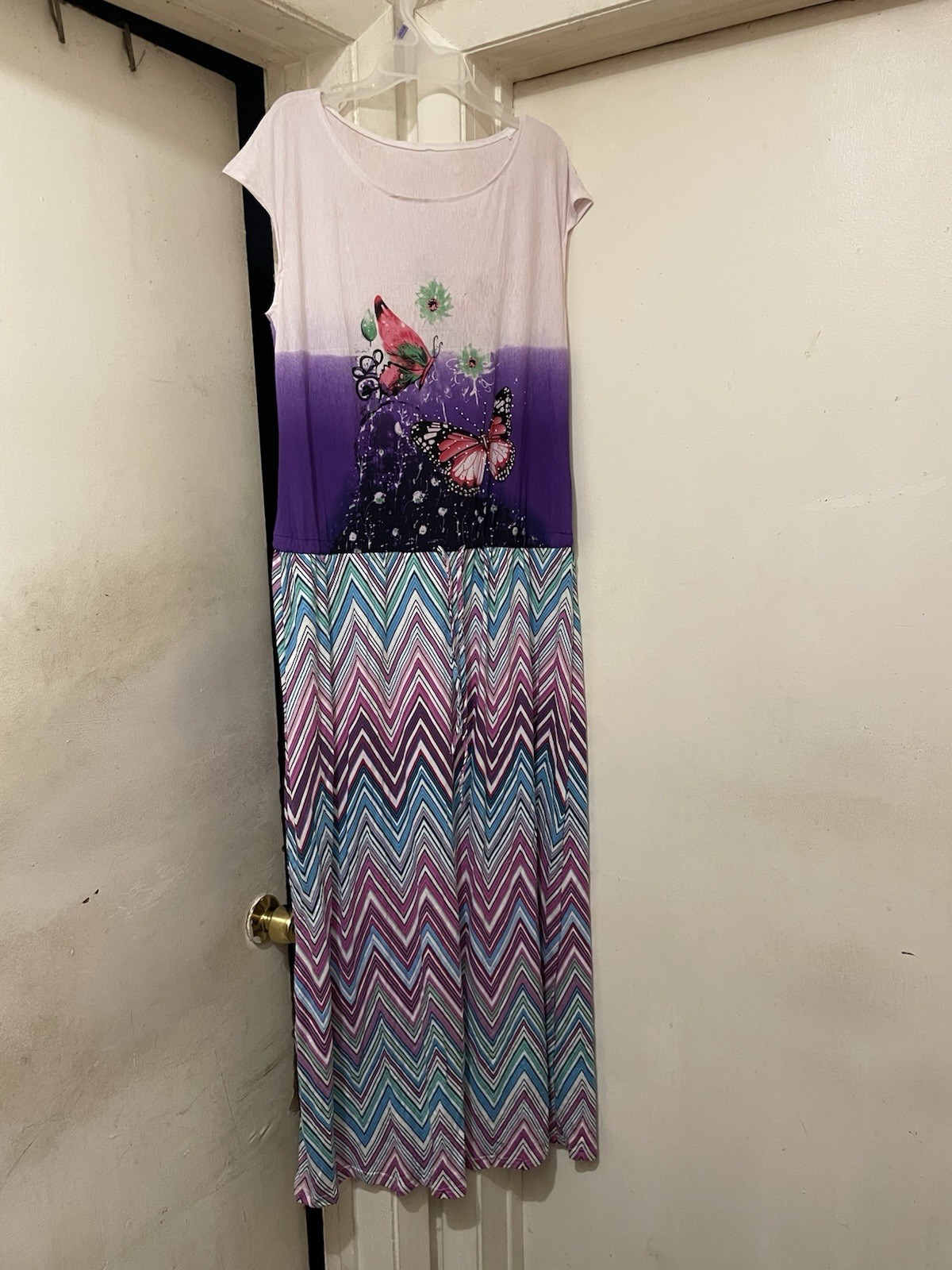 Women’s XL Butterfly Print Maxi Dress Pink Purple Chevron Casual Summer Dress