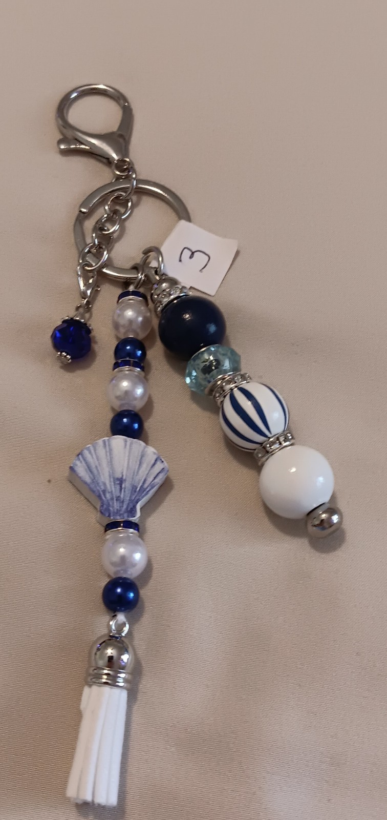 Handmade Beaded Silver, White and Blue Seashell Key Chain, Bookbag Clip or Purse