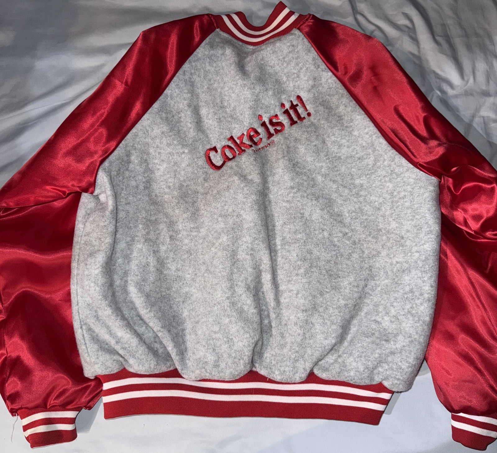 Vintage 80s “Coke Is It” Employee Coca Cola Fleece/Satin Bomber Jacket, Large.