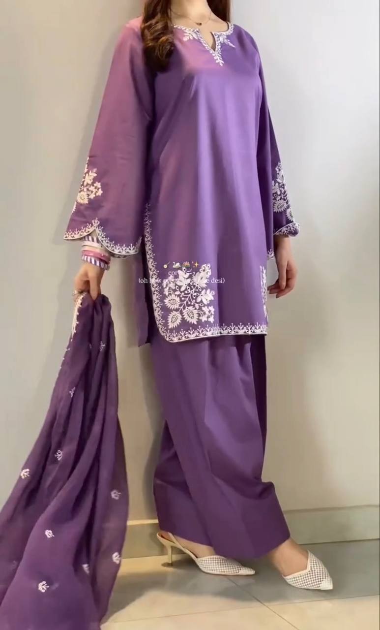 Designer Roman Cotton Purple Farshi Salwar Kameez With Dupatta For Festival
