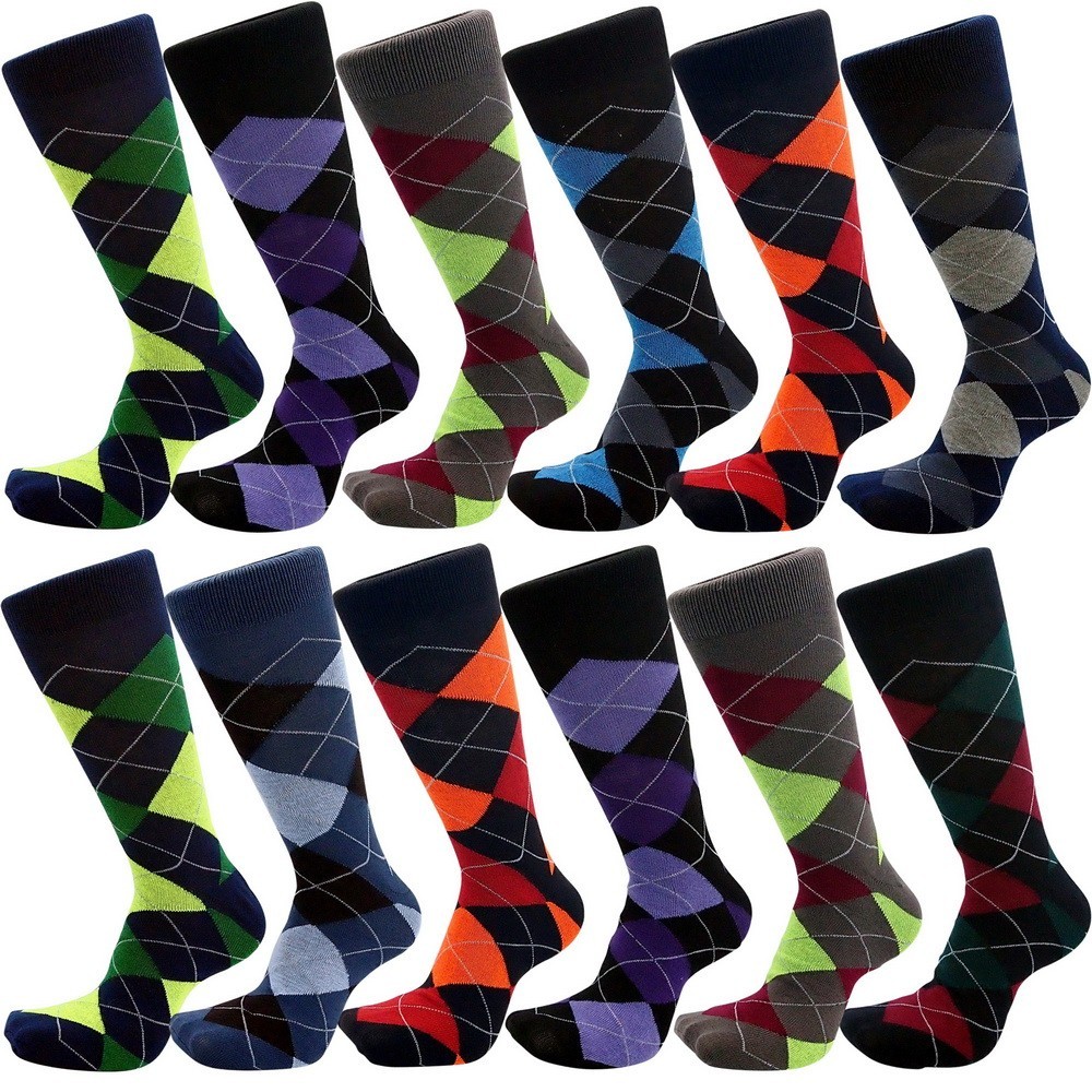 12 Pairs New Cotton Men Argyle Diamond Style Dress Socks Size 10-13 Multi Color
