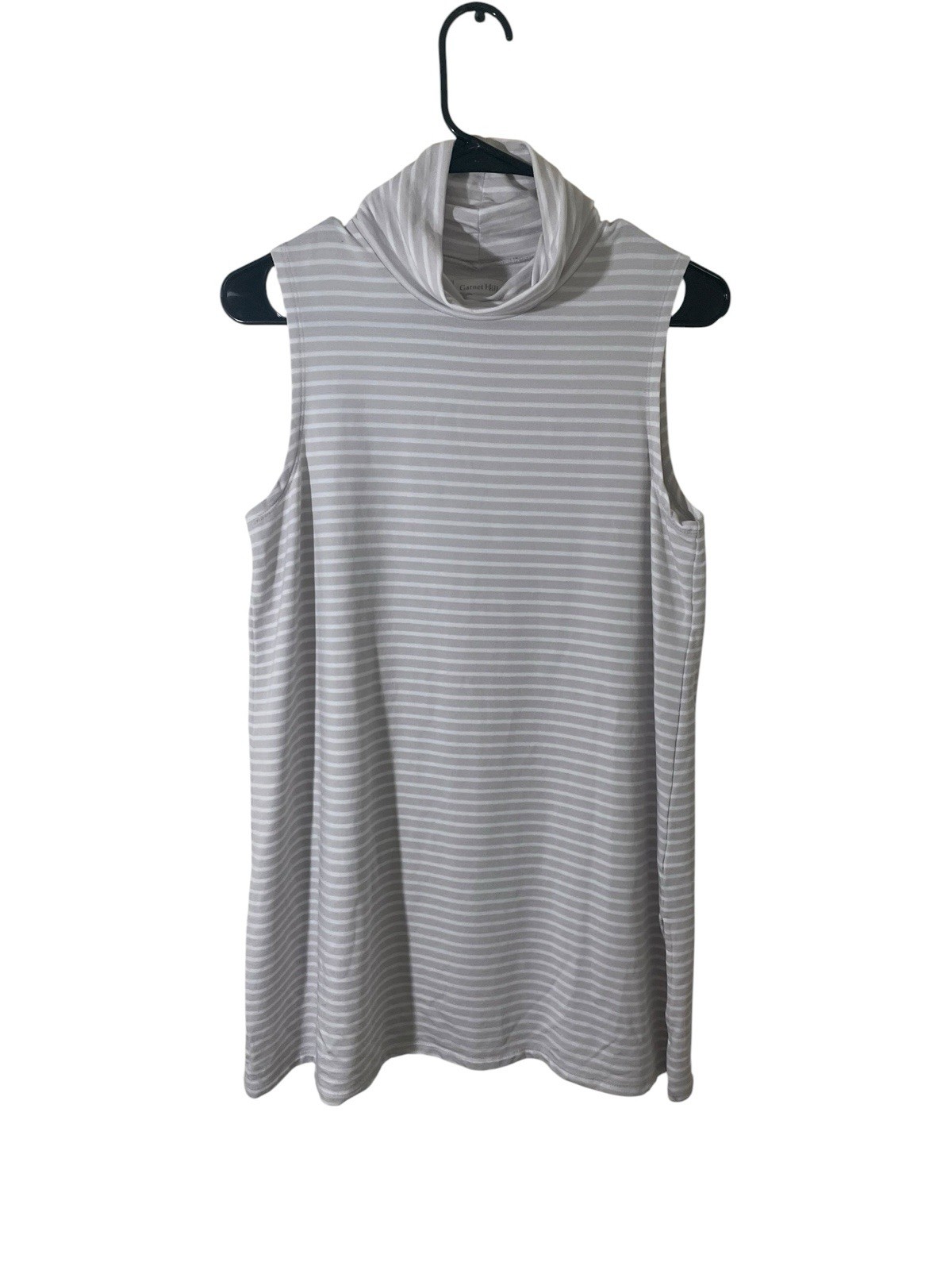 Garnet Hill Striped Turtle Neck Split Hem Tunic Small Sleeveless Minimalist Grey
