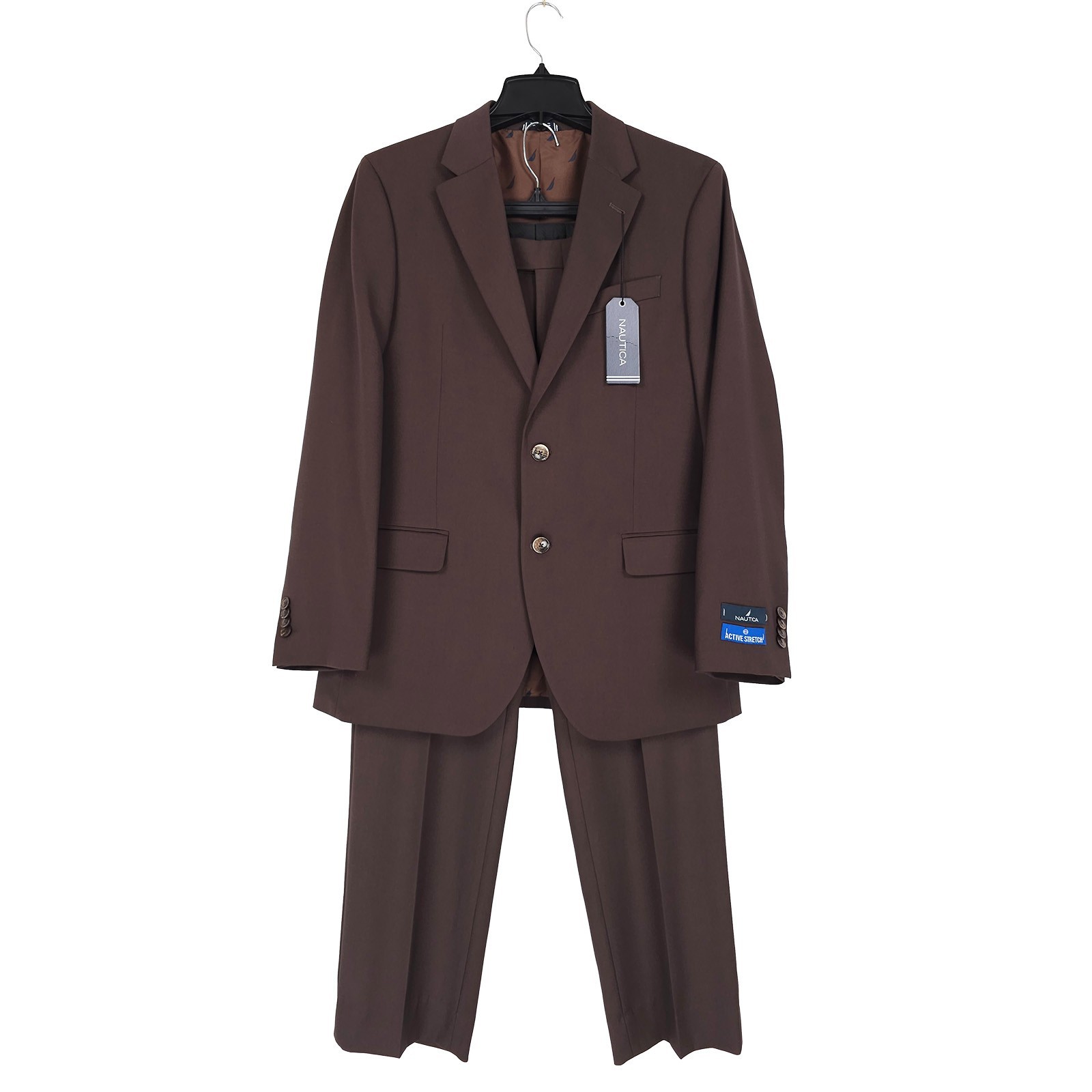 Nautica Mens Modern Fit 2 Piece Suit 38R 32W Brown Solid Stretch NWT