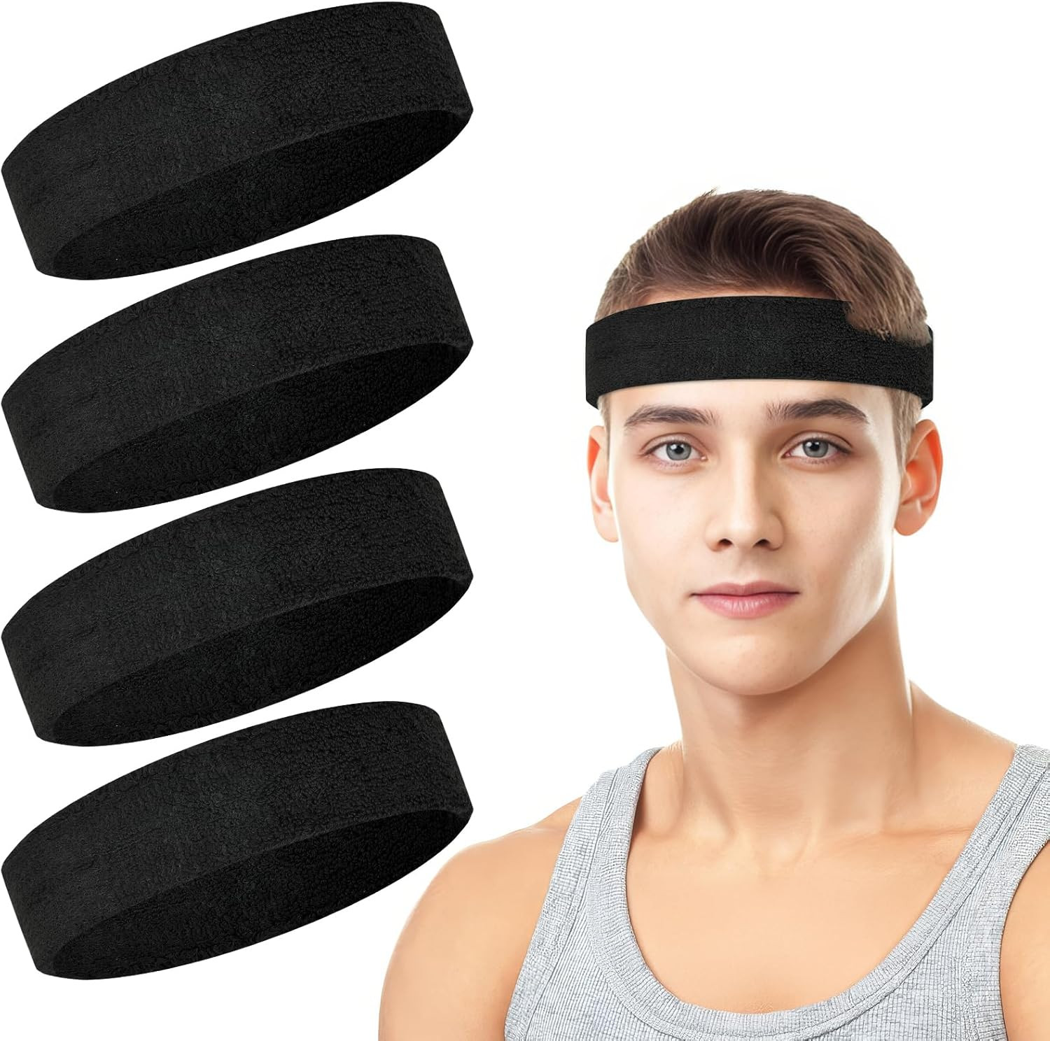 4 Pack Headbands for Men, Sweat Bands Headbands Men & Women, Cotton Terry Sweat