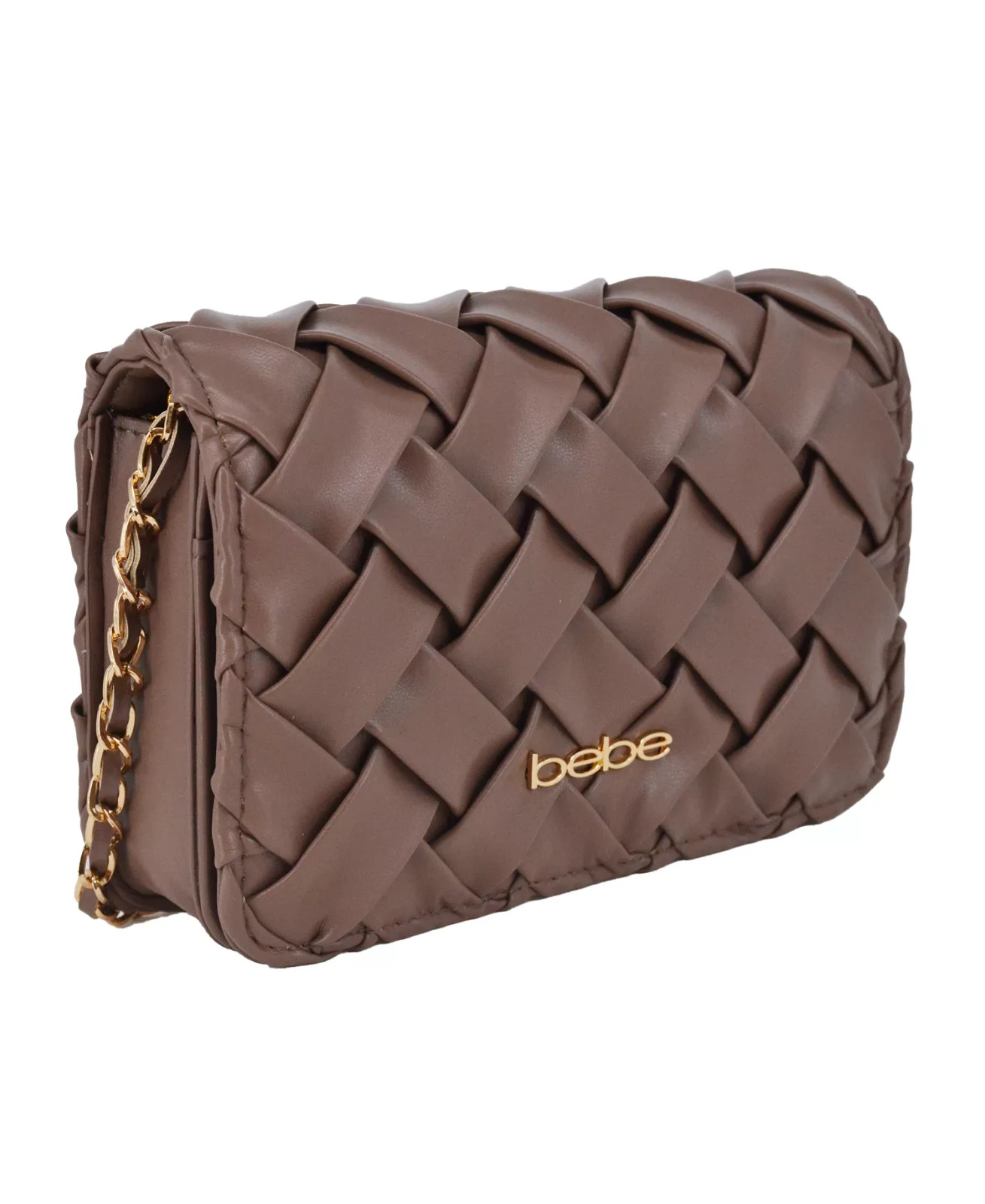 Brand New bebe Luca Crossbody Purse Woven Faux Leather Taupe Chain Strap