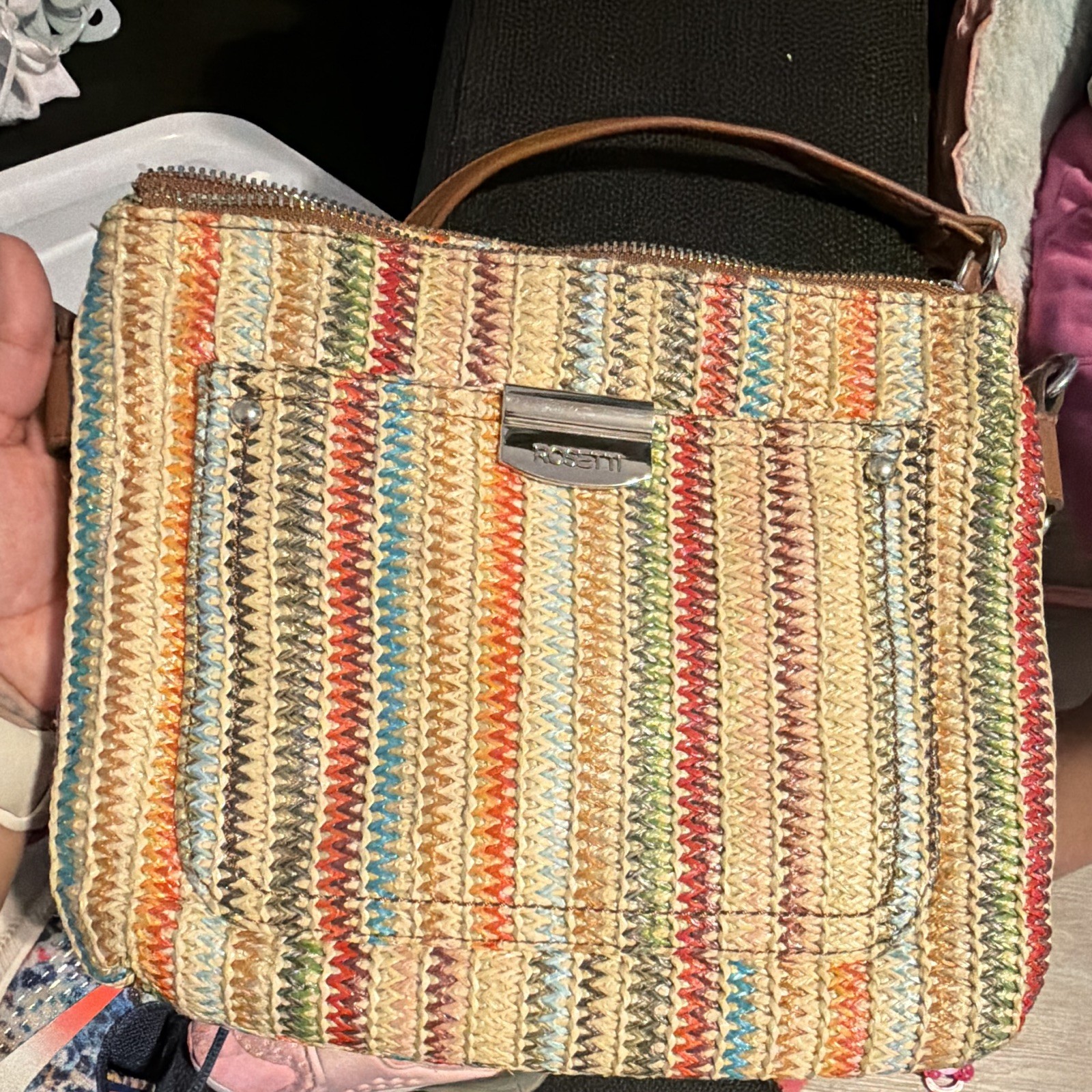 Rosetti Multicolor Striped Crossbody Bag Zip Closure, Zipper Pockets Brown Strap