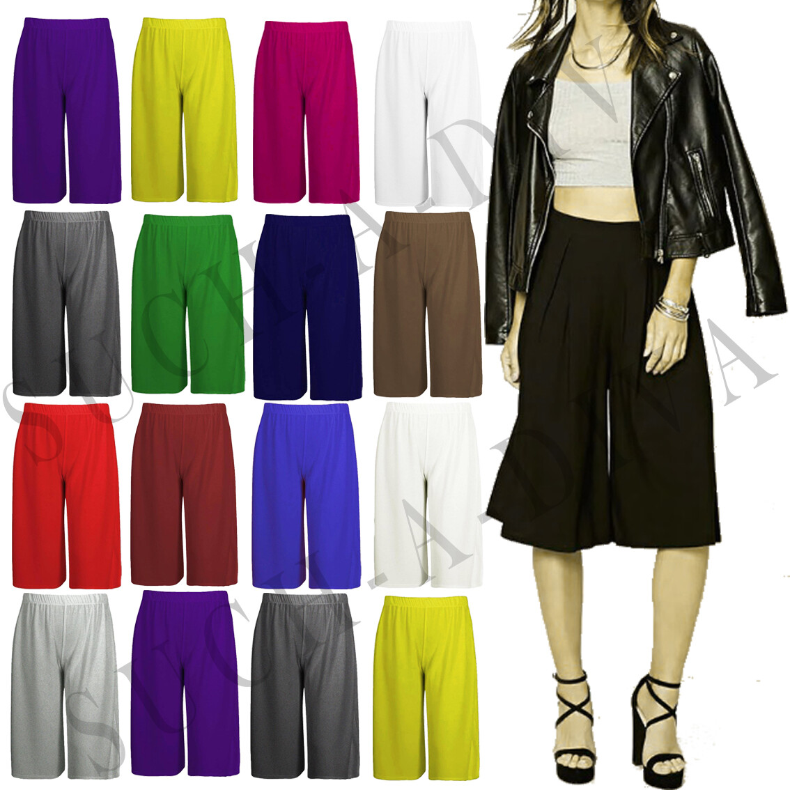 Ladies Womens Elasticated Stretch Wide Leg Culottes 3/4th Length Plus Size 8-26