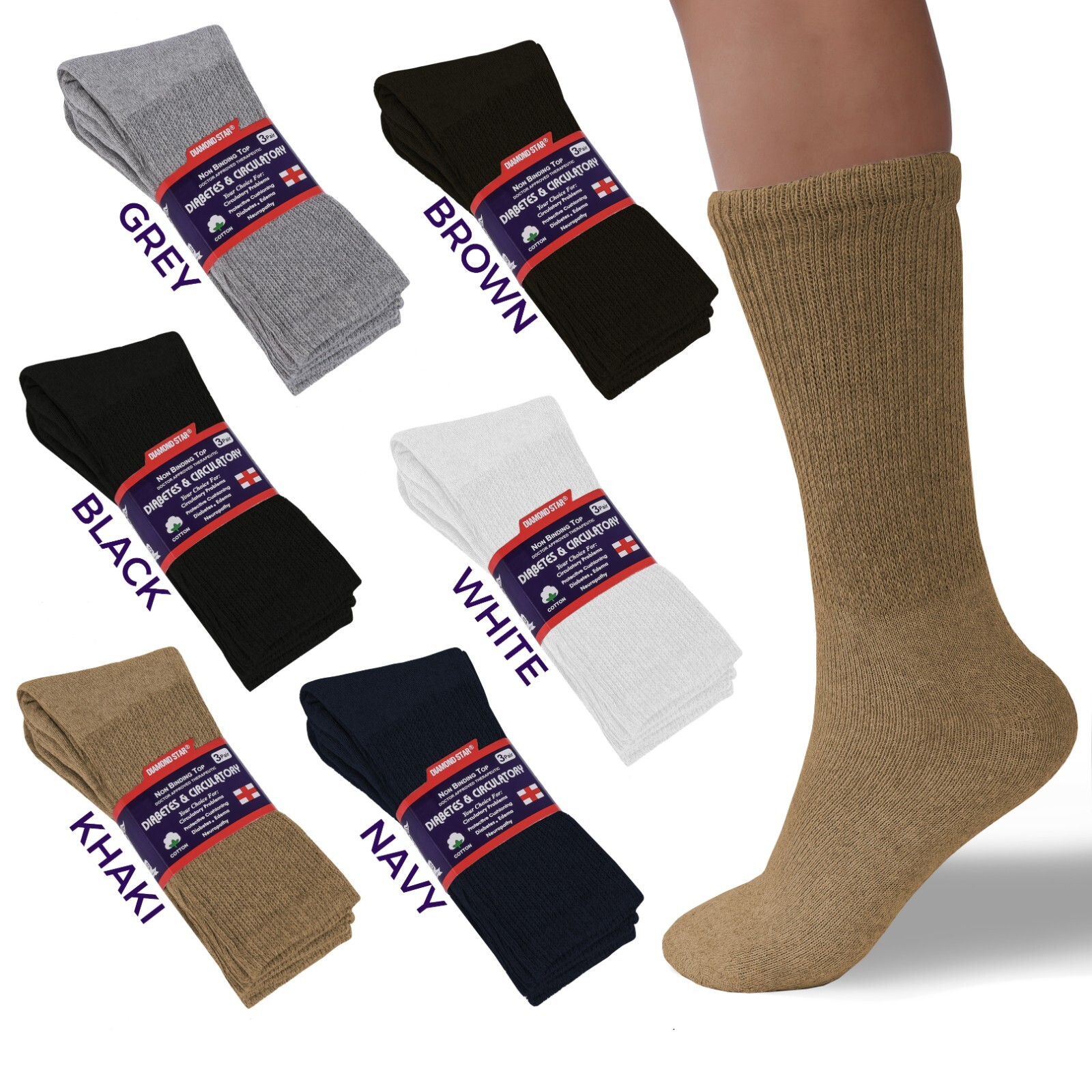 6Pairs Beige Diabetic Cotton Crew Socks Health Circulatory Size9-11 10-13 13-15