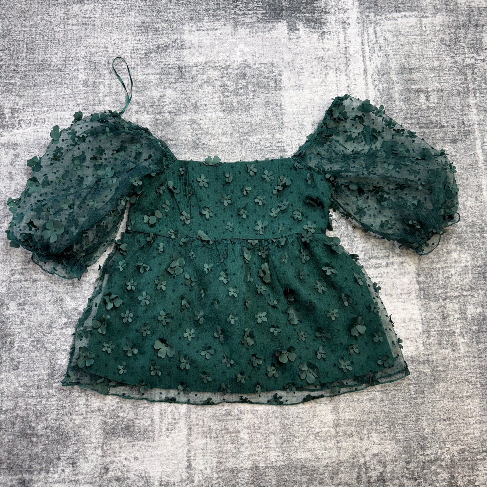 Thirty Thirty Top Women Large Green Puff Sleeve Square Neck Floral Fairy Whimsy