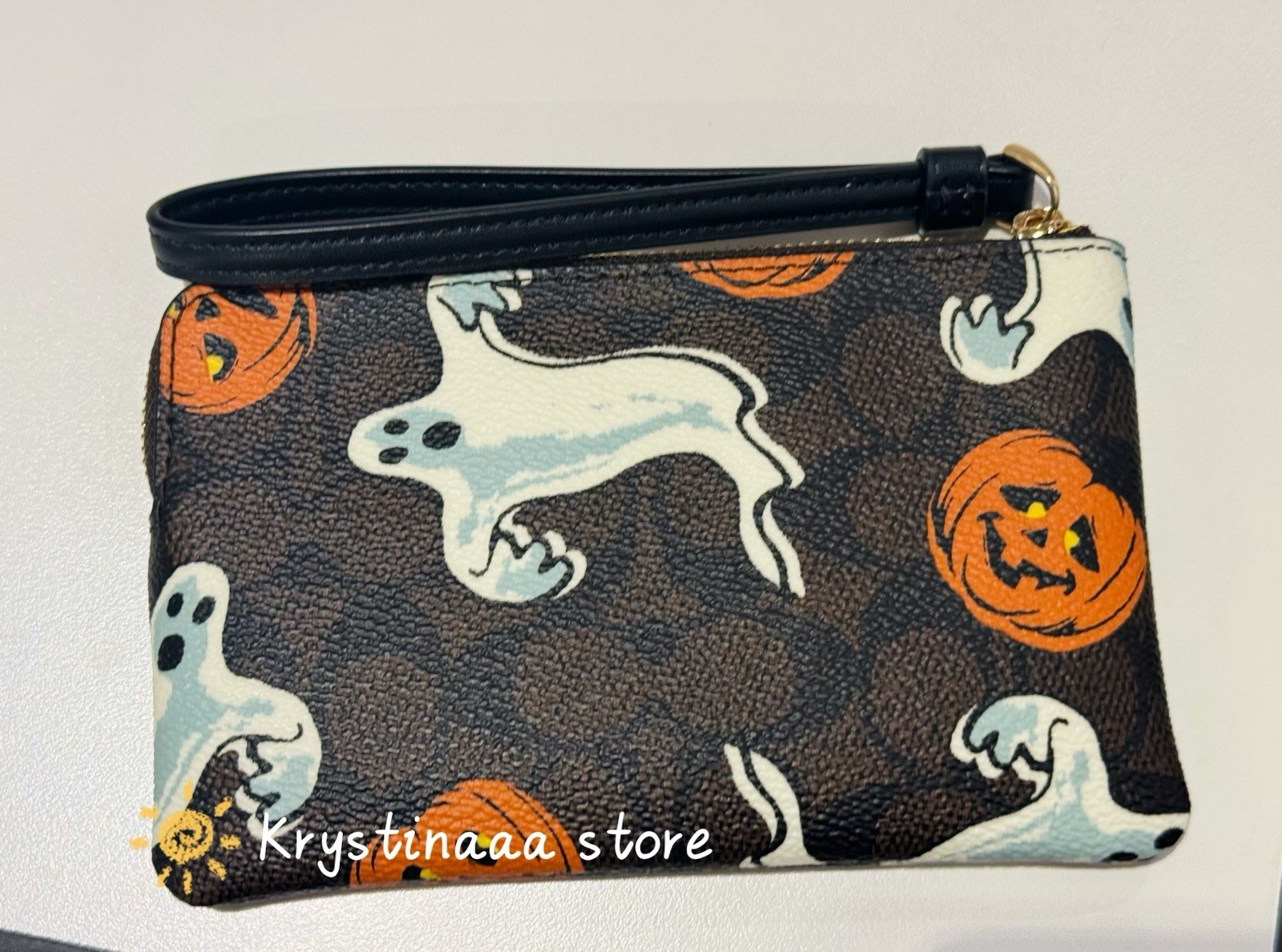 Coach Corner Zip Wristlet With Halloween Ghost Pumpkin In Signature Canvas Print