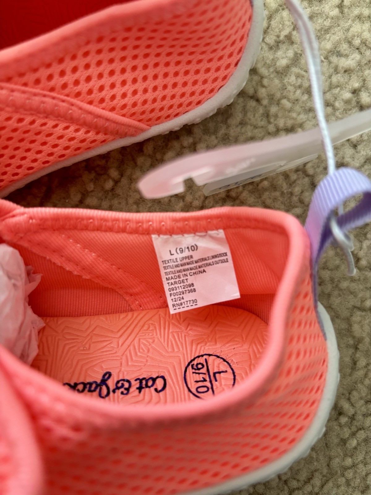 Cat & Jack Girls Pink Water Shoes Hook Loop Closure Size 9/10 Large