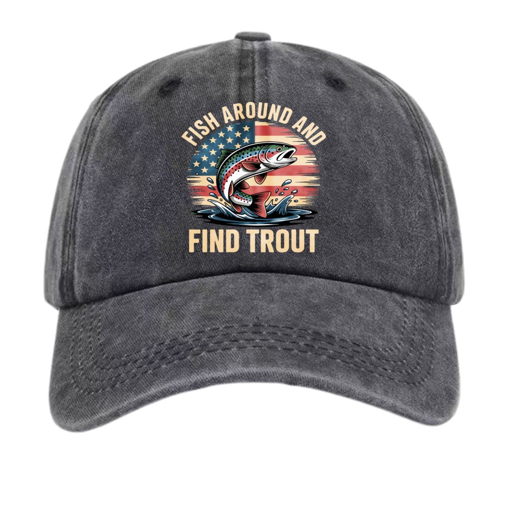 Fish Around Find Trout USA Flag Hat|Unisex Fishing Trip&Patriotic Cartoon Cap