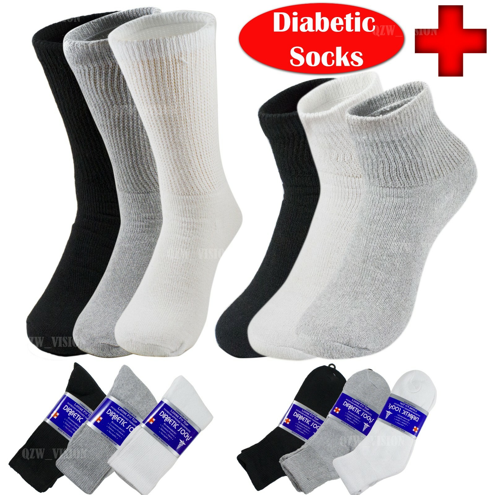 3 6 12 Lots Mens Women Health Circulatory Crew Ankle Cotton Diabetic Socks 9-15