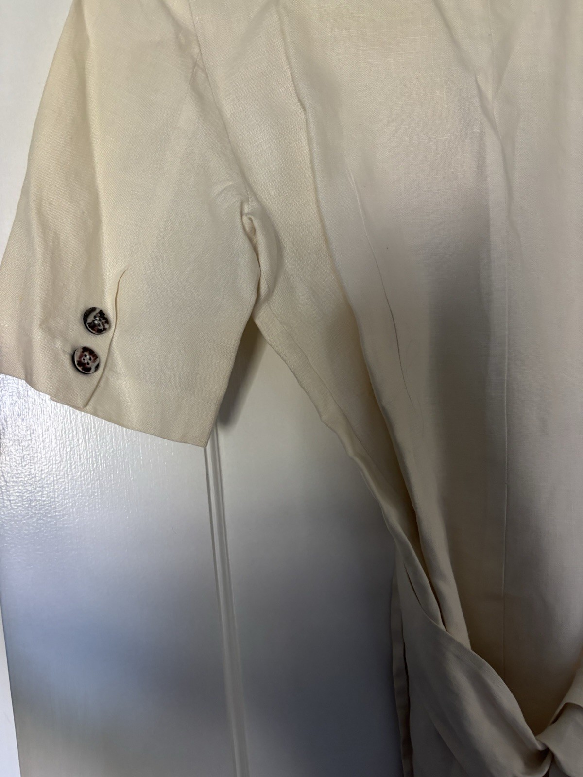 Mathilde J. Rondinau(d) Beige Solid Linen V-Neck Wrap Tie Short Sleeve Midi 36