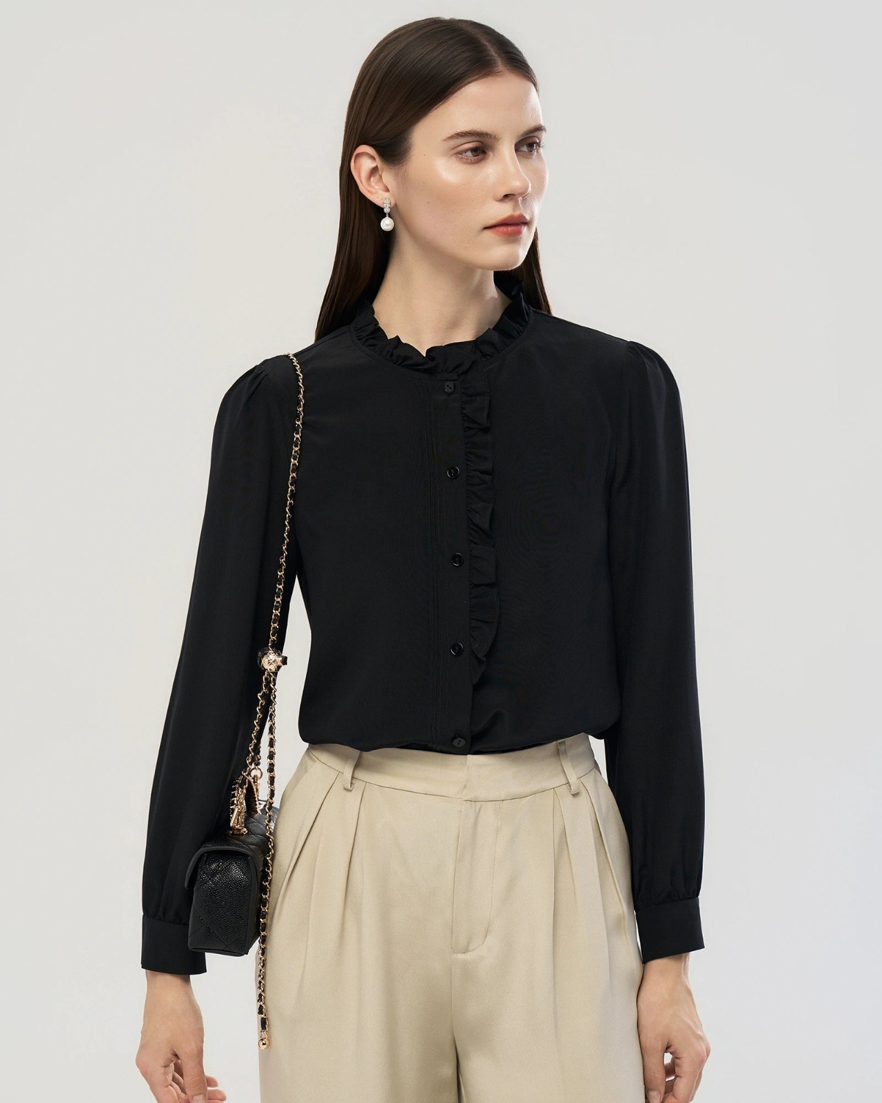Long Sleeve Silk Blouse with Ruffle Trim