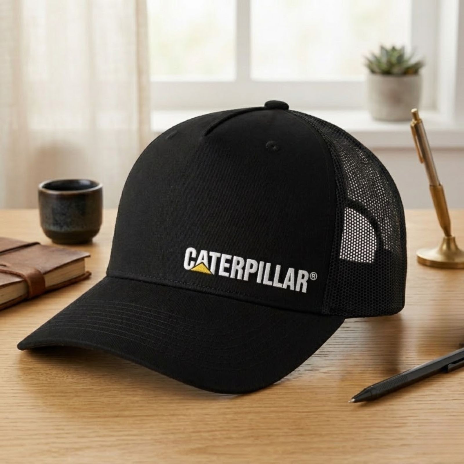 Caterpillar CAT Logo Embroidered Trucker Hat Black Mesh Back Cap Brand New