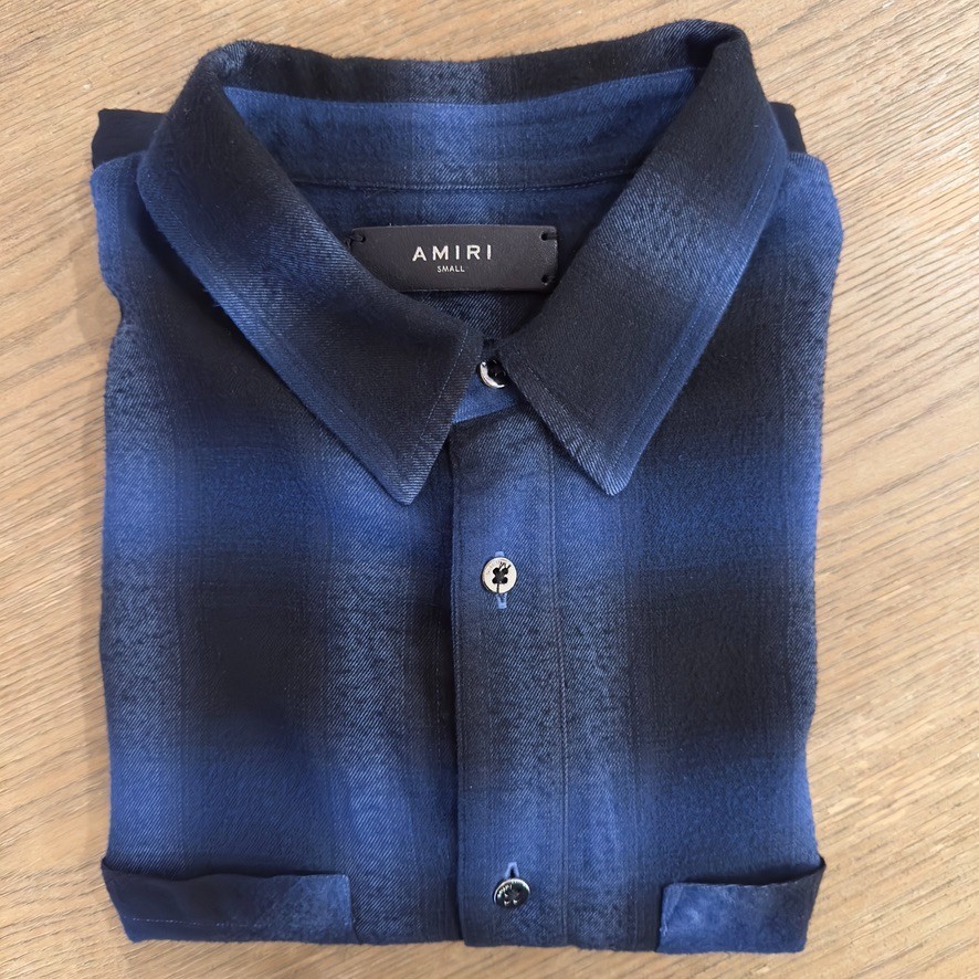 AMIRI Distressed Plaid Cotton Button Up Flannel Shirt-Blue ombre-Raw Hem-Men’s S