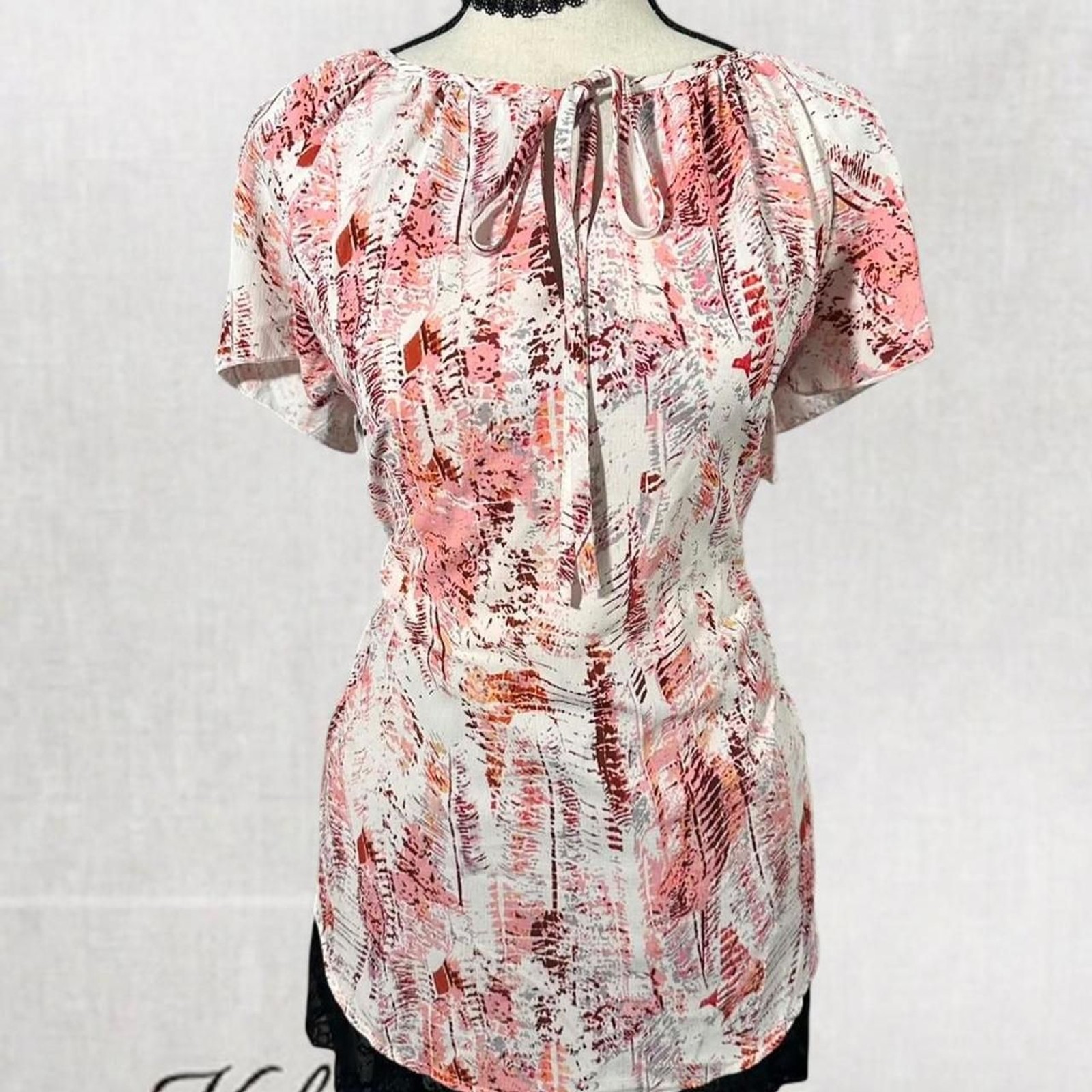 Boho Floral Style Summer Babydoll Tie Neck Pink Blouse