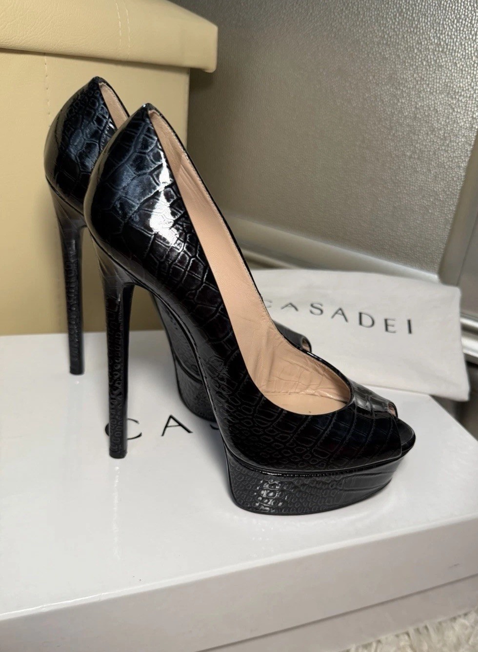 Authentic Casadei Black Croc Embossed Leather Peep Toe Platform Heels EU 36.5