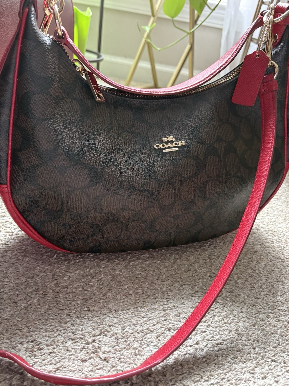 Coach Signature Logo Crescent Shoulder Bag Brown/Red Zip + Wristlet