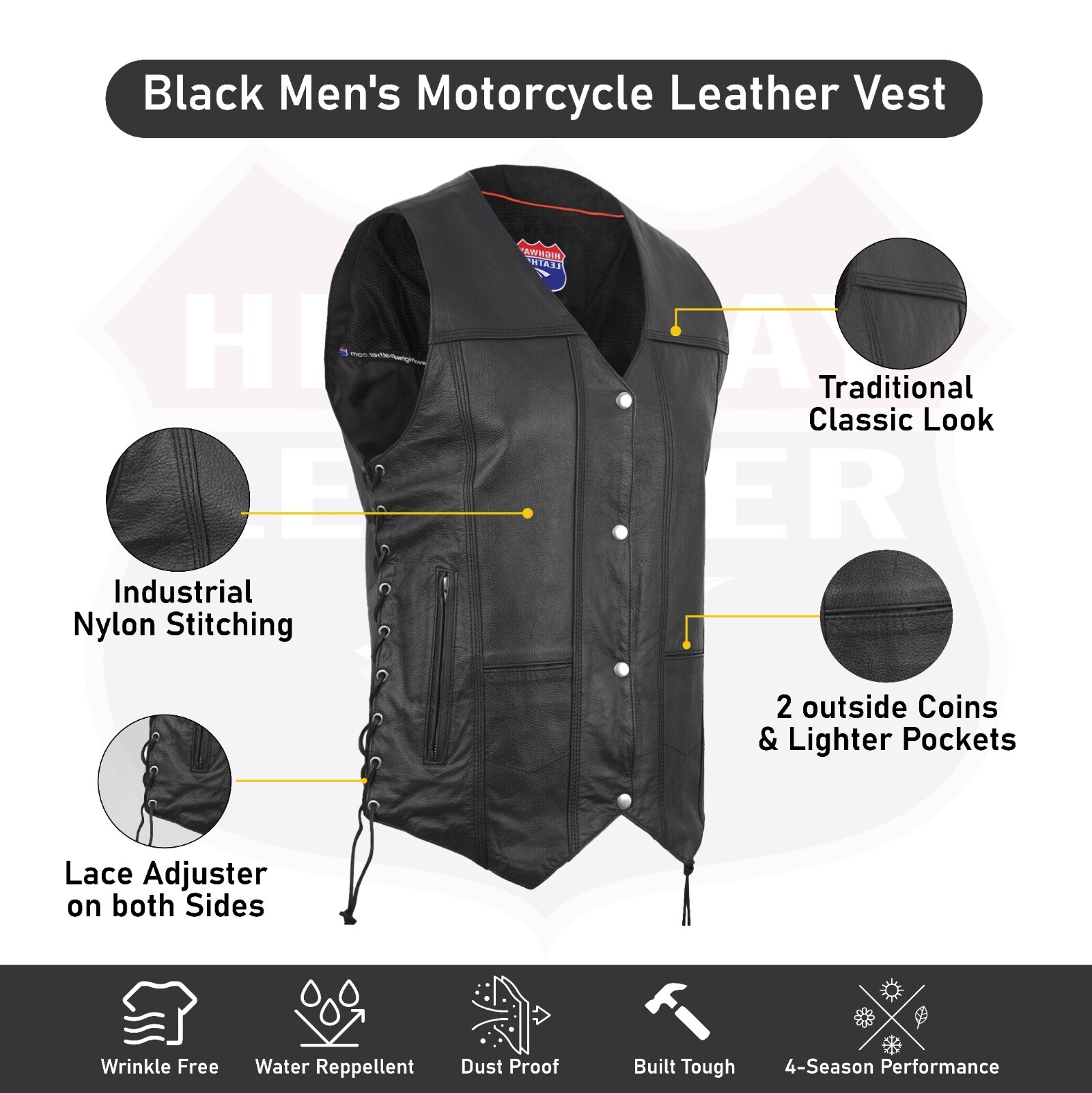 Mens Genuine Leather 10 Pockets Motorcycle Biker Vest ANARCHY Black SOA #3540BLK