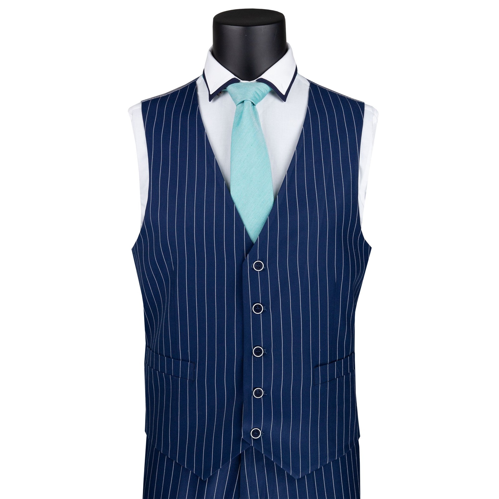 VINCI Men’s Blue Striped 3 Piece Regular Fit Suit w/ Flex Waist – NEW