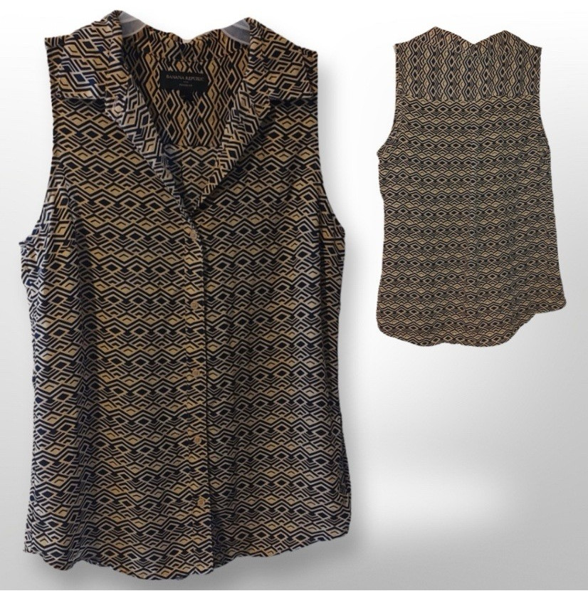 Banana Republic Geometric Sleeveless Button-Up Blouse, S, Blue/Beige