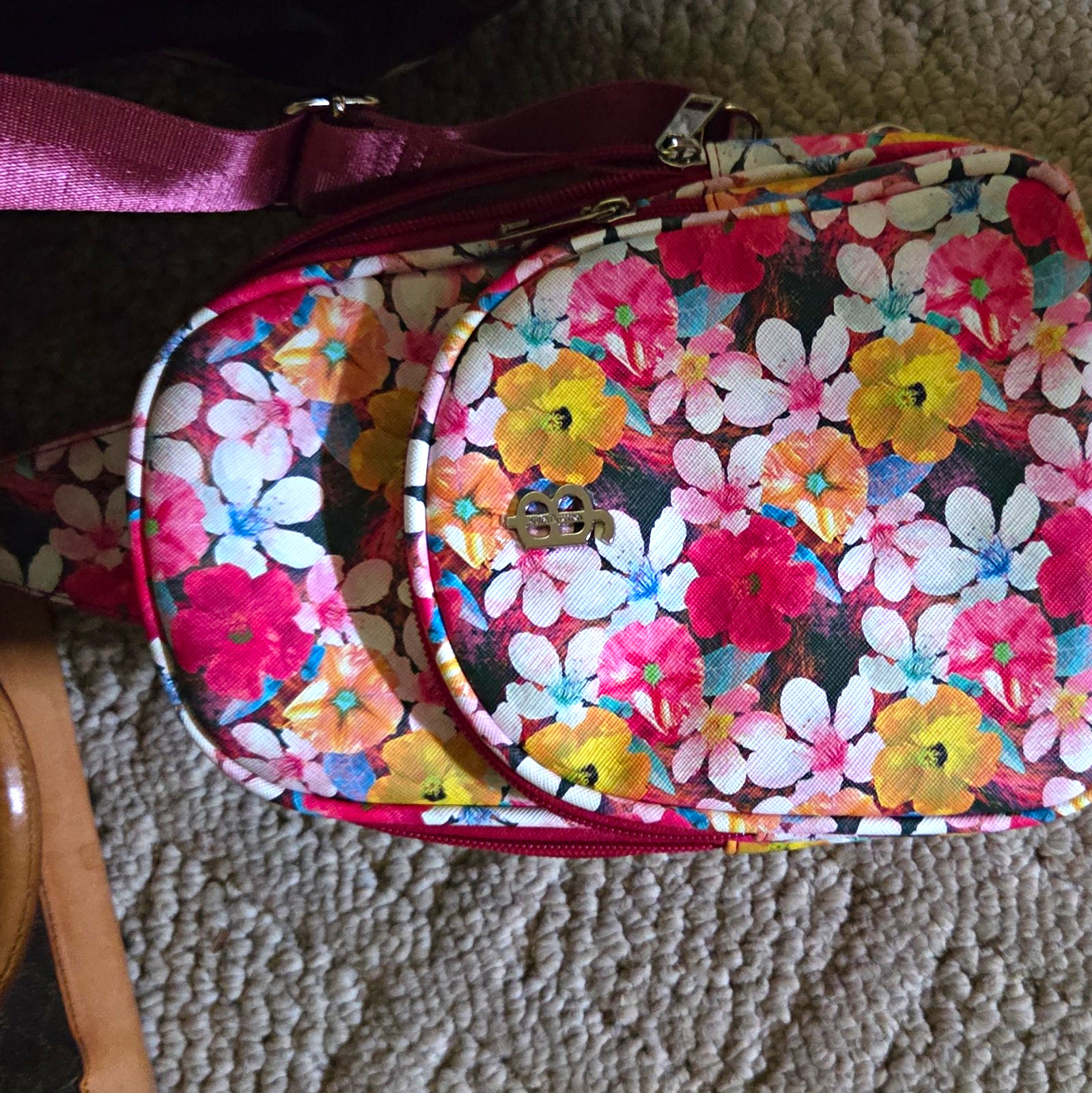 Floral Multicolor Crossbody Sling Bag, Zip, Adjustable Pink Strap, Silver HW