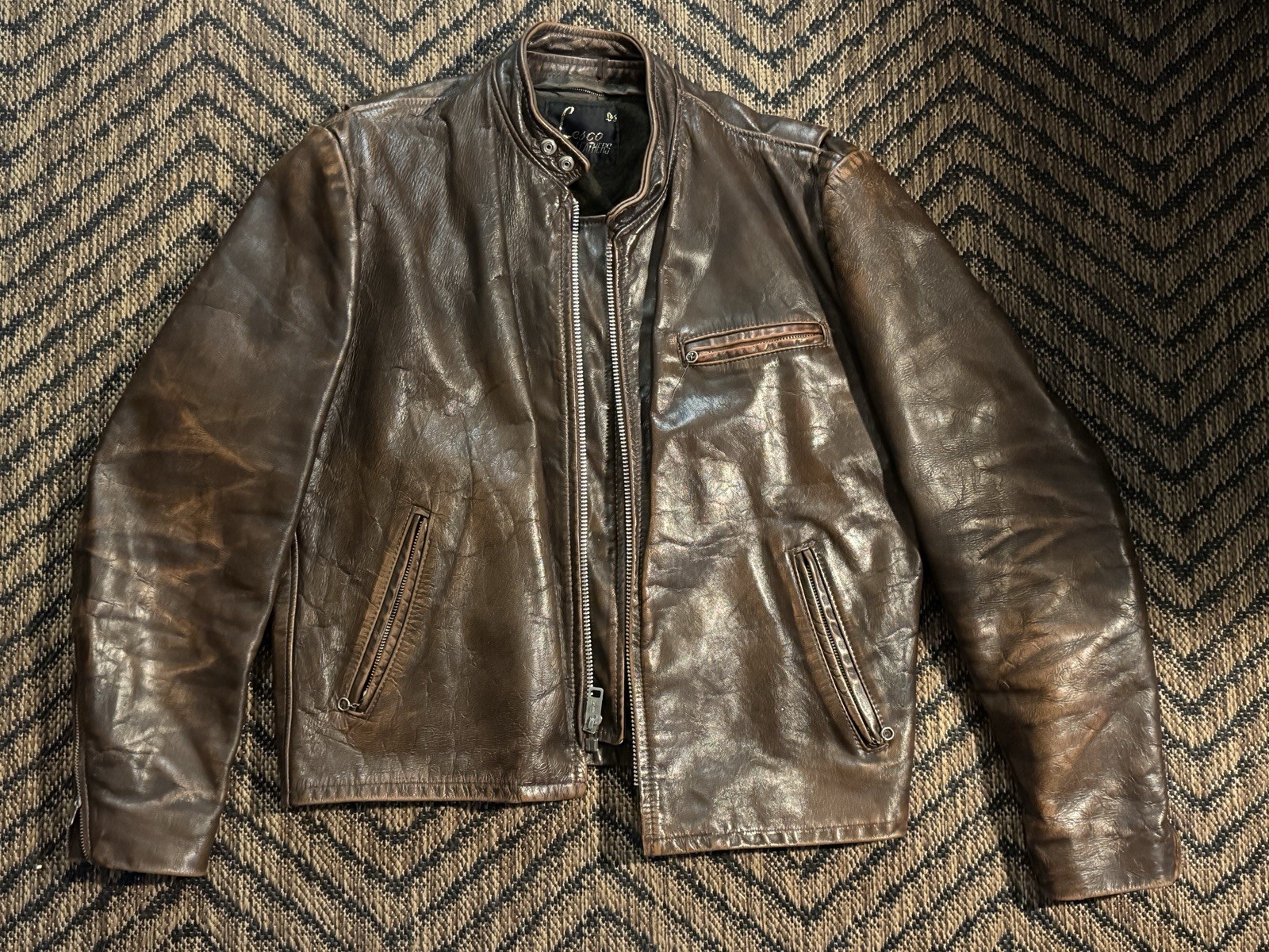 Vintage 70s Lesco Leather Cafe Racer Jacket Serval Zip