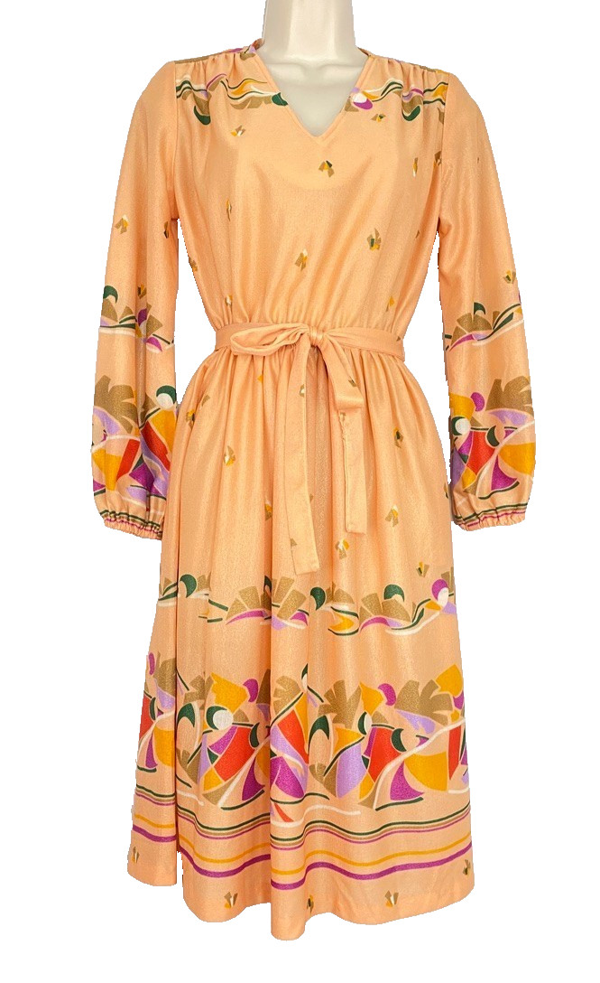 Vintage 1970s orange midi dress S M long balloon sleeve peach pullover sheer