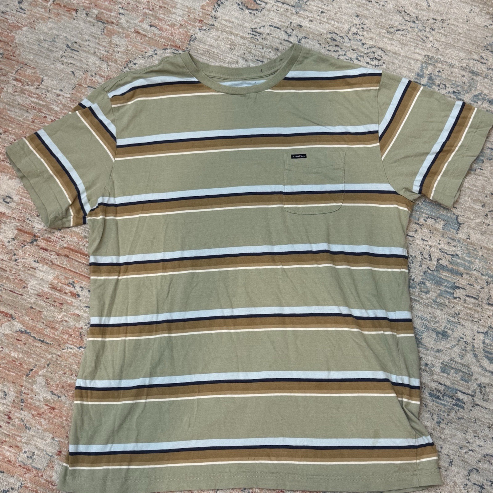 O’Neill Men’s XL Regular Standard Fit Crew Neck Striped Pocket Cotton Tee Green