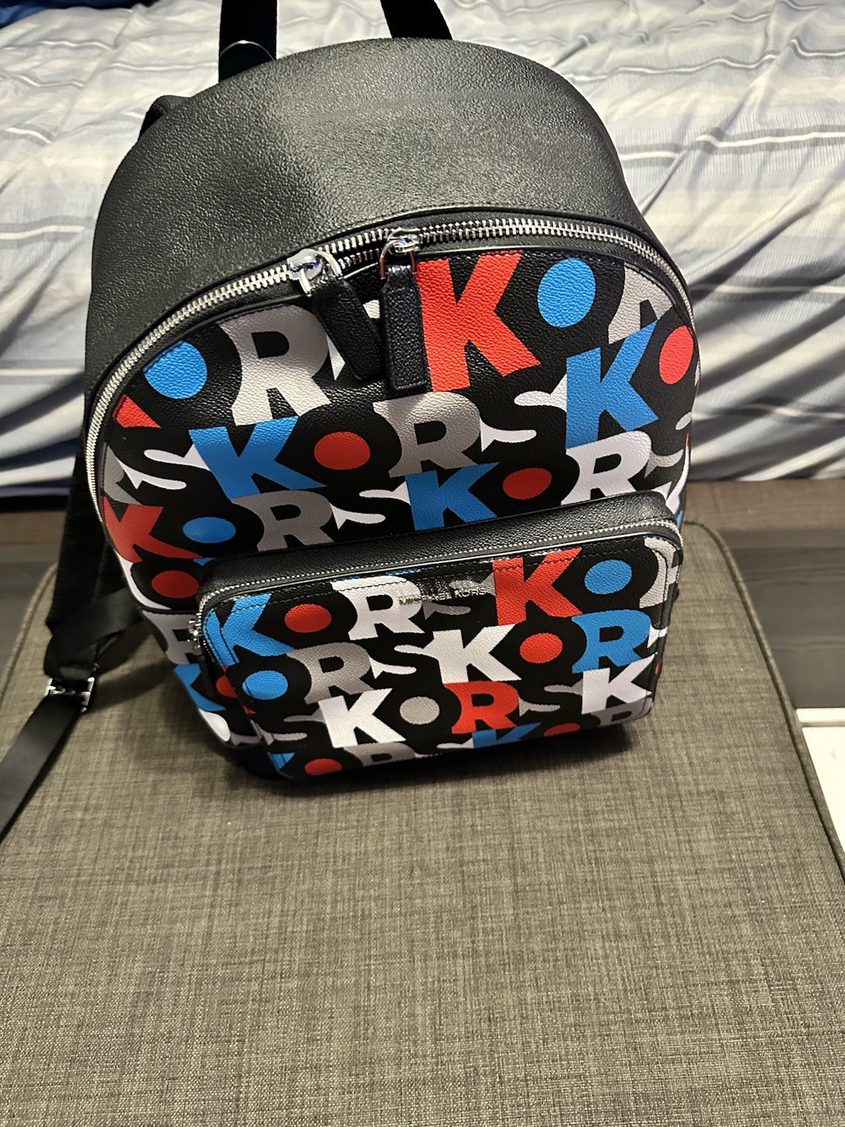 Michael Kors Cooper Signature PVC Graphic Logo Commuter Backpack Red Blue Multi