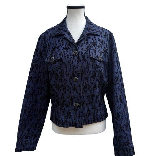 Anthracite Blue Black Flocked Floral Jacket Cotton Blend Stretch RN 58142