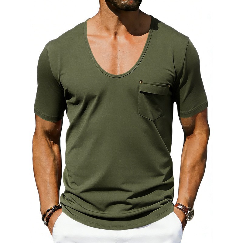 Mens Deep V Neck T Shirt Casual Short Sleeve Slim Fit Summer Pocket Tee Top