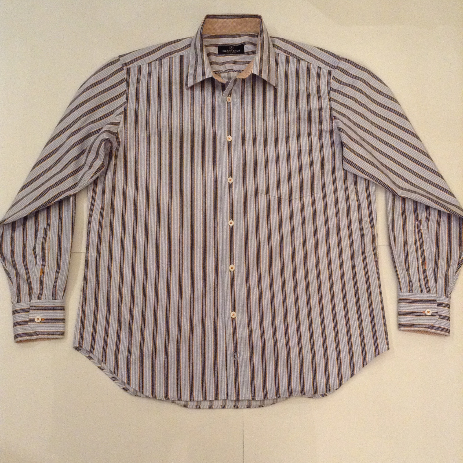 BUGATCHI UOMO MENS SHIRT STRIPED LONG SLEEVE BUTTON FRONT 100% COTTON SIZE LARGE