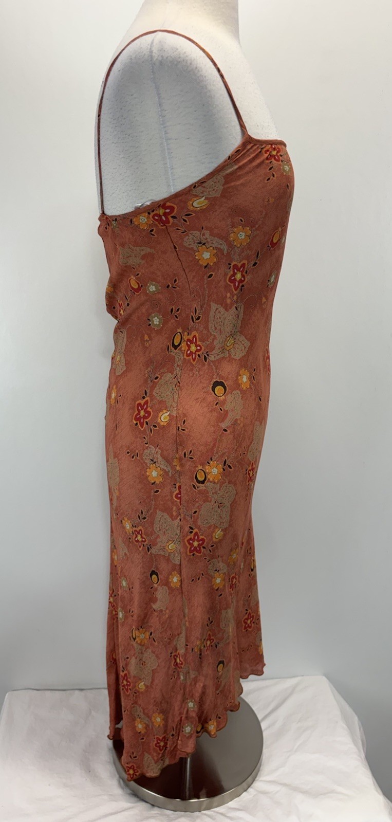 Vtg Y2K İZ Buyer Midi 7 Slip Dress Floral Forest Fairy Grunge Brown High Lo