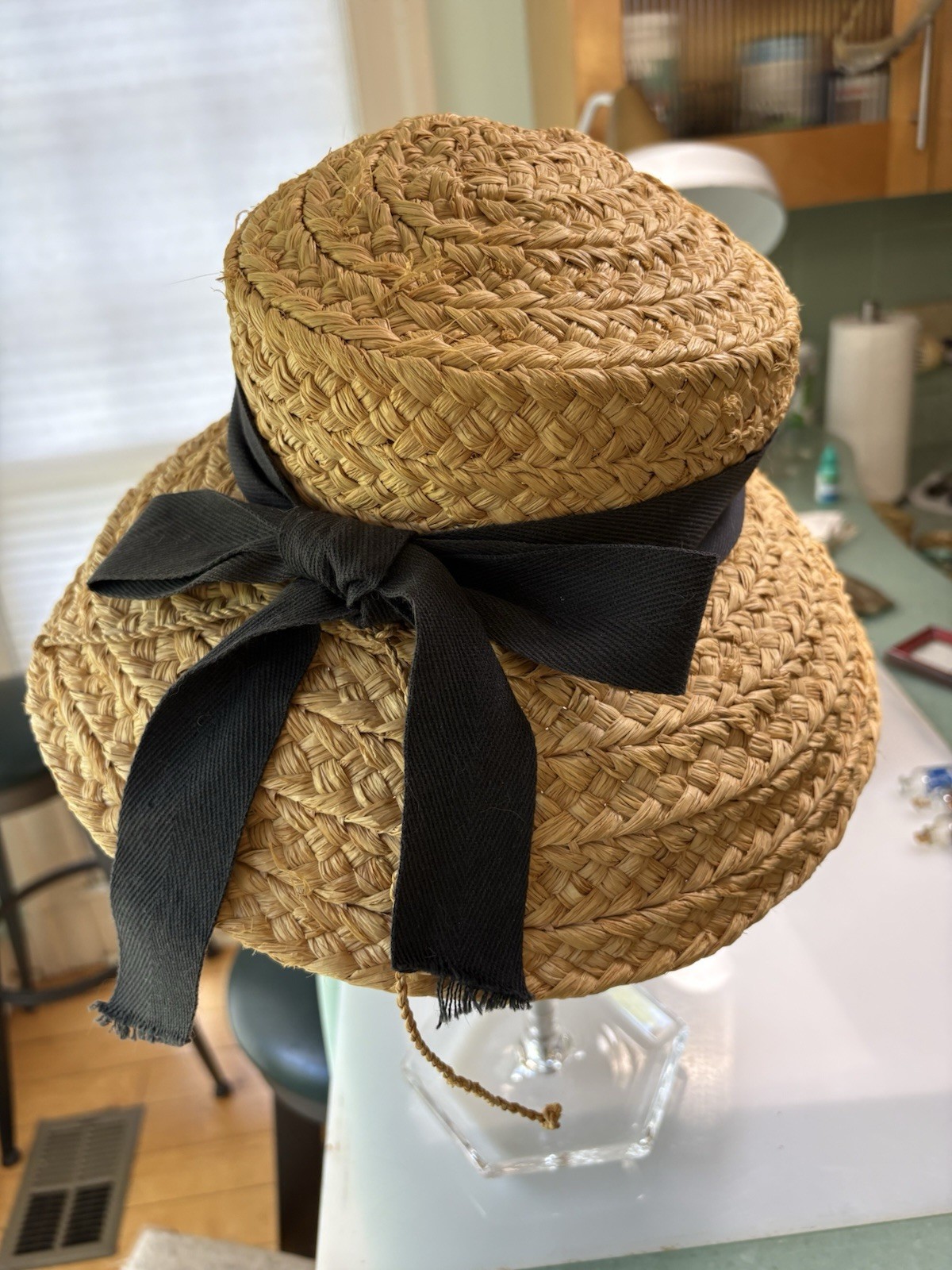 Helen Kaminski Raffia Straw Sun Hat Black Bow Australia Made In Madagascar Nice