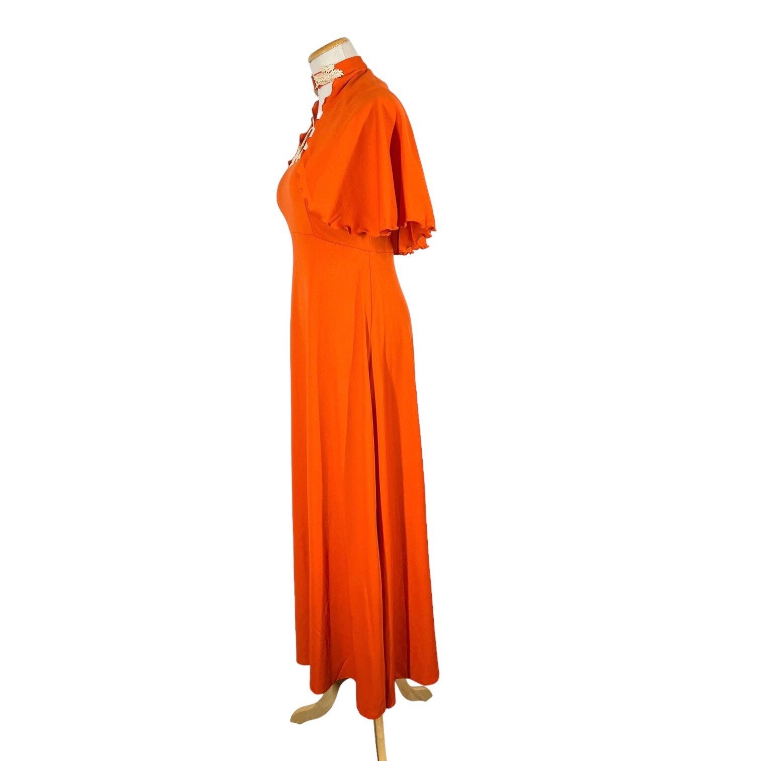 Vintage 1970s Sylvia Ann Maxi Dress Cape Set Knit Back Zip Empire Waist Orange