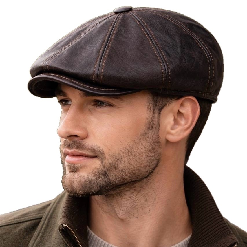 Vintage Brown Real Leather Cabbie Hat Newsboy Ivy Cap Ear Flaps