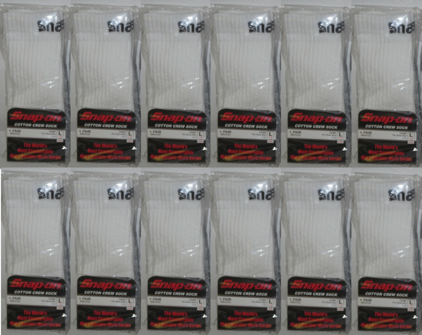 12 Snap-On Crew Socks Men’s WHITE LARGE ~ FREE SHIP ~ MADE IN USA 12 PAIRS *NEW*