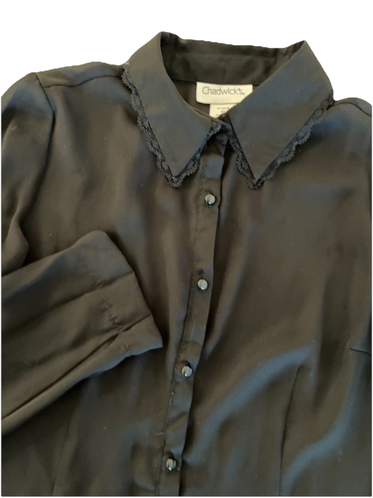 Vintage Chadwick’s Blouse Black Women’s 10 Black Lace Trim Collar 80s 90s