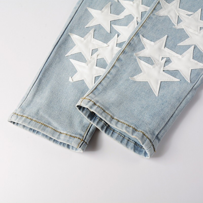 Men’s Ripped STAR PU Patchwork Grunge Skinny fit stretch Denim Washed jeans