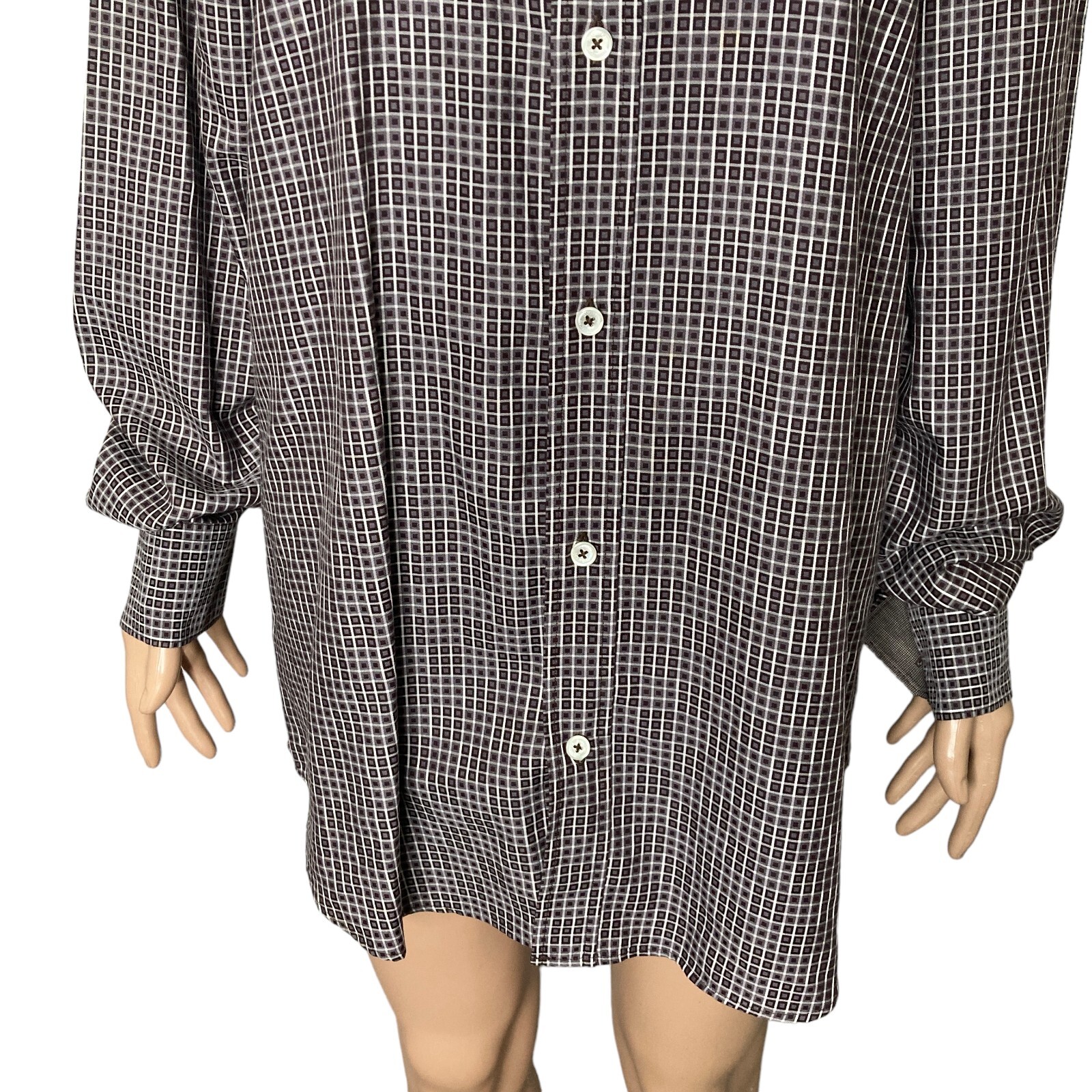 Bugatchi Uomo Shirt Mens XL Shaped Fit Brown White Small Square Geometric