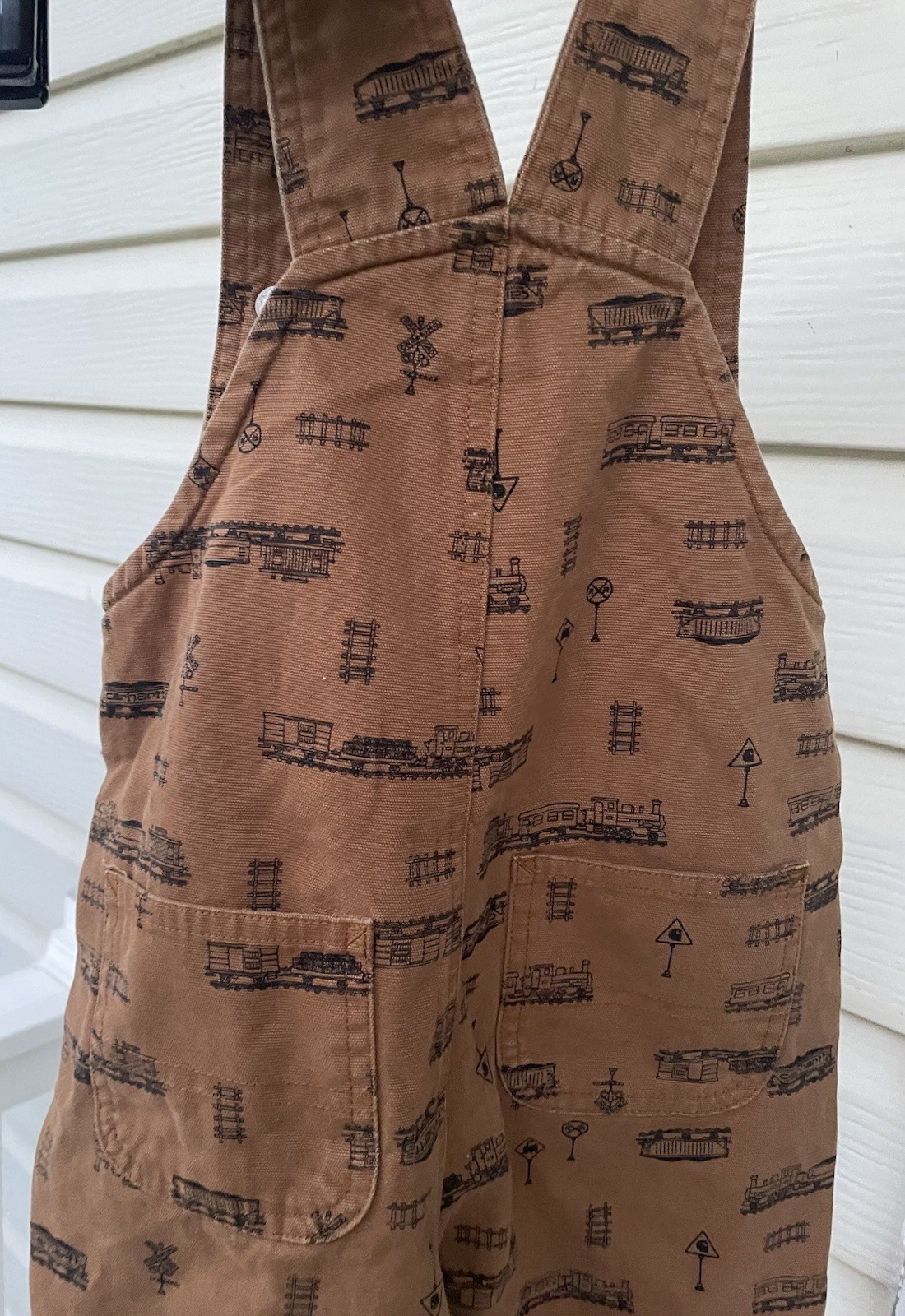 Carhartt Baby Boy Overalls, Brown With Boxcar trains. Size 24 Months