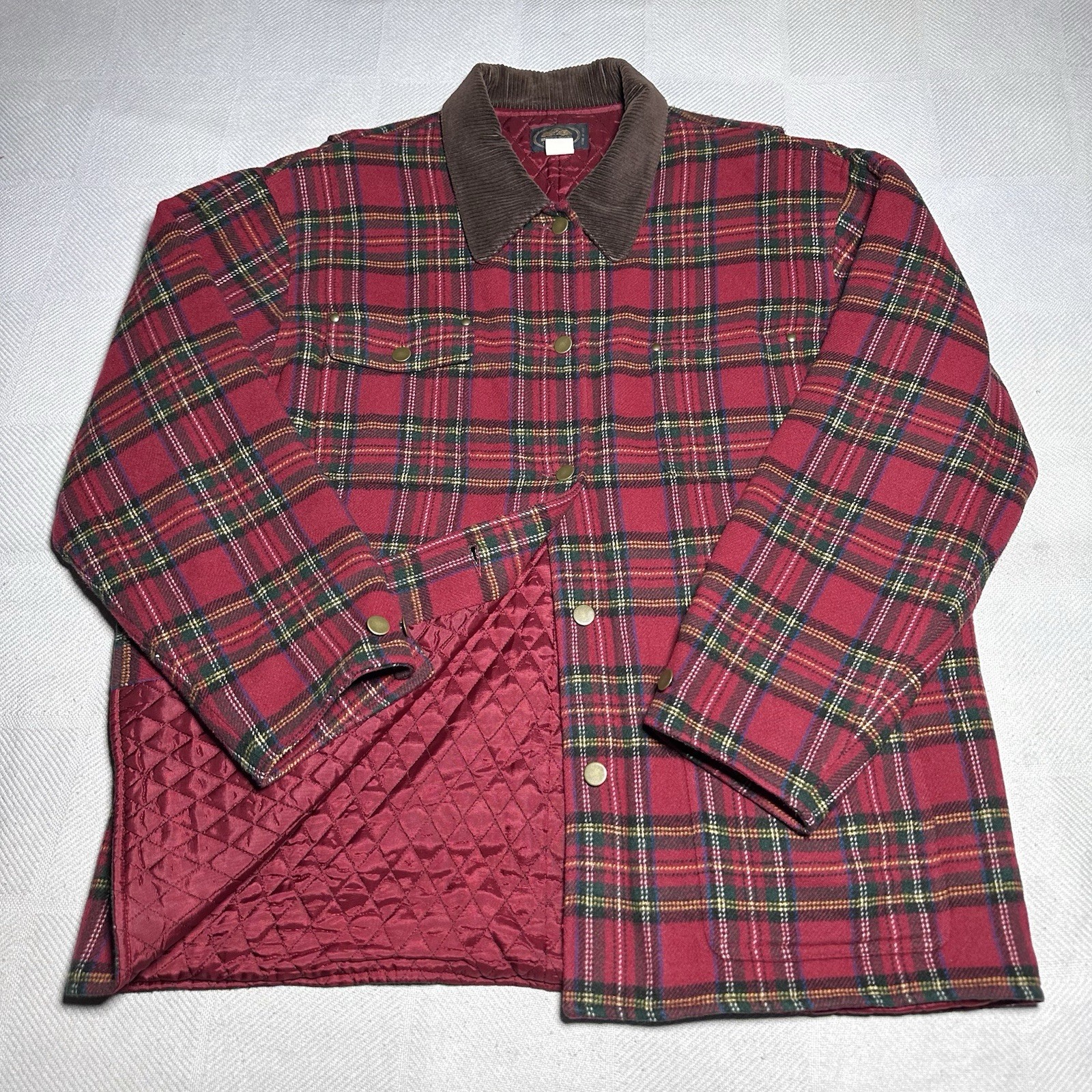 VTG 80s 90s British Khaki Jacket Womens 14 Chore Coat Tartan Plaid Wool Blend